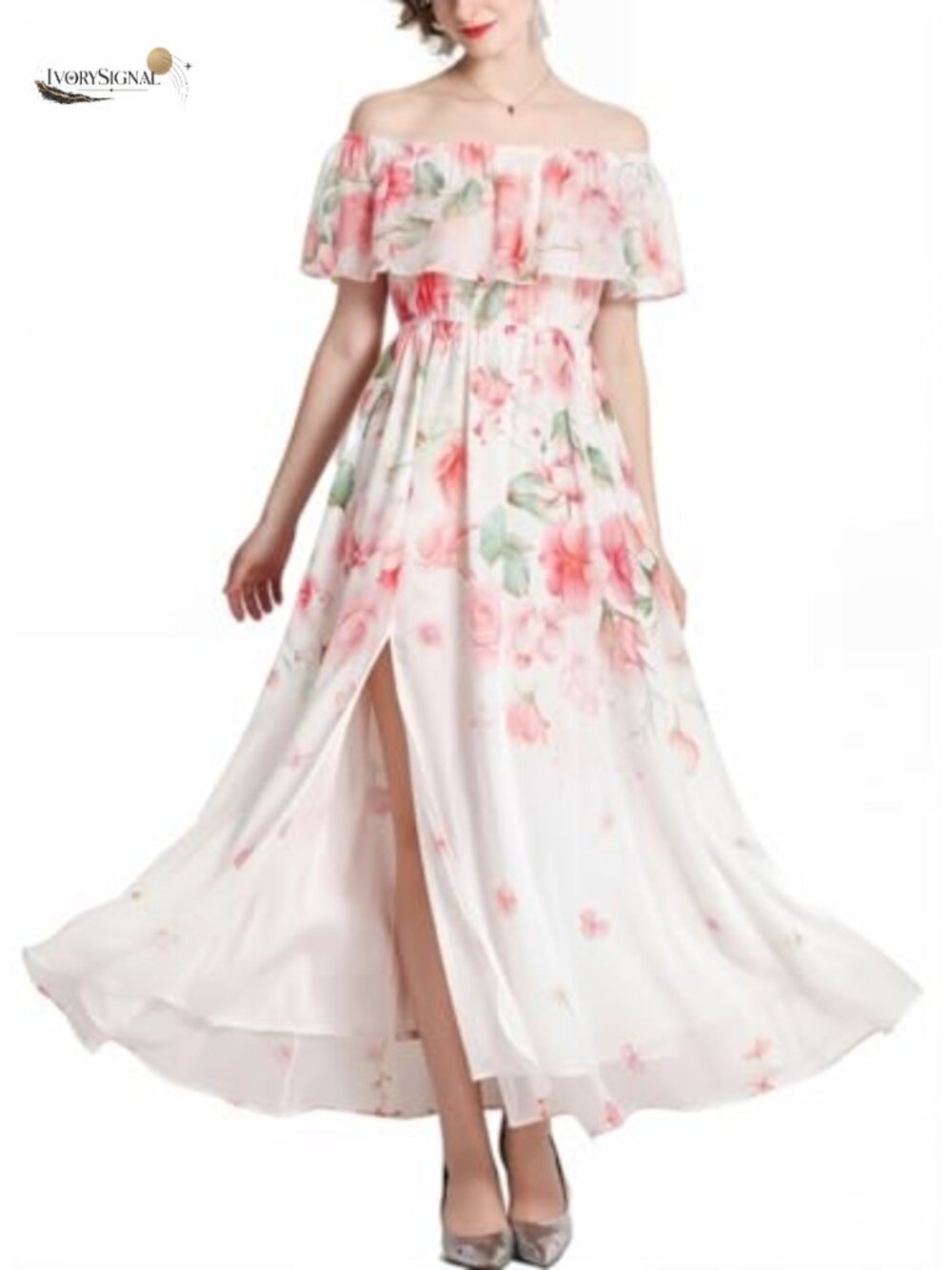 Women's Chiffon Floral Maxi Dress Off Shoulder Short Sleeve Boho